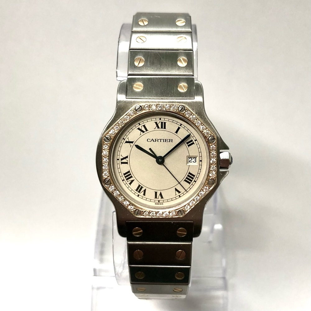 CARTIER SANTOS OCTAGON 31mm Quartz 2 Tone 0.38TCW Diamond Watch Cream Dial